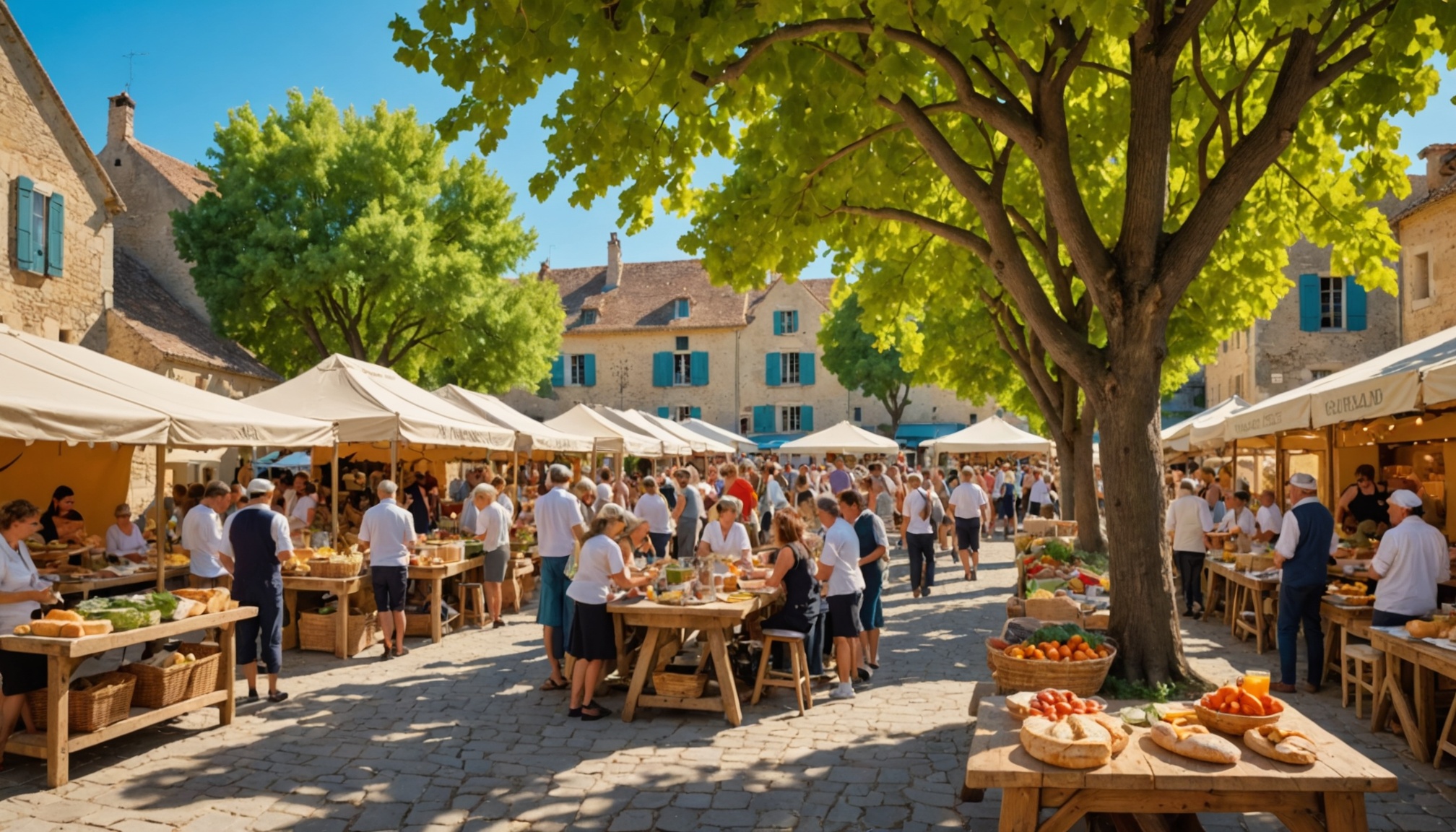 Étals de producteurs et visiteurs à table lors du festival gourmand Bien Bon dans le Grand Avignon