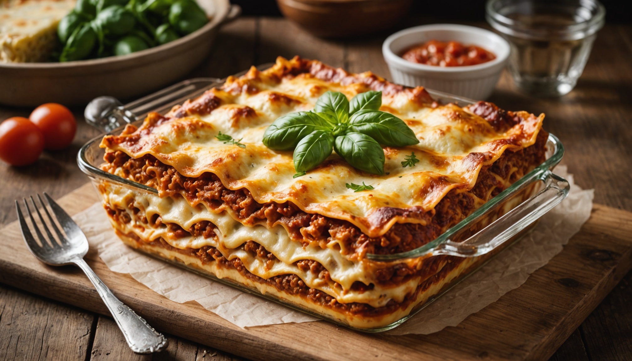 Plat de lasagnes maison gratinées, fraîchement sorties du four