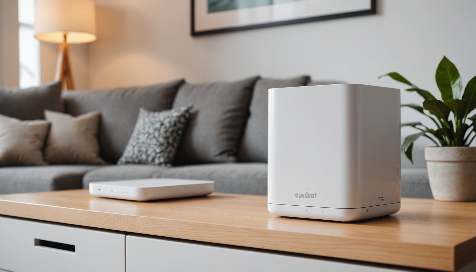 Box 5G posée dans un salon avec ondes WiFi