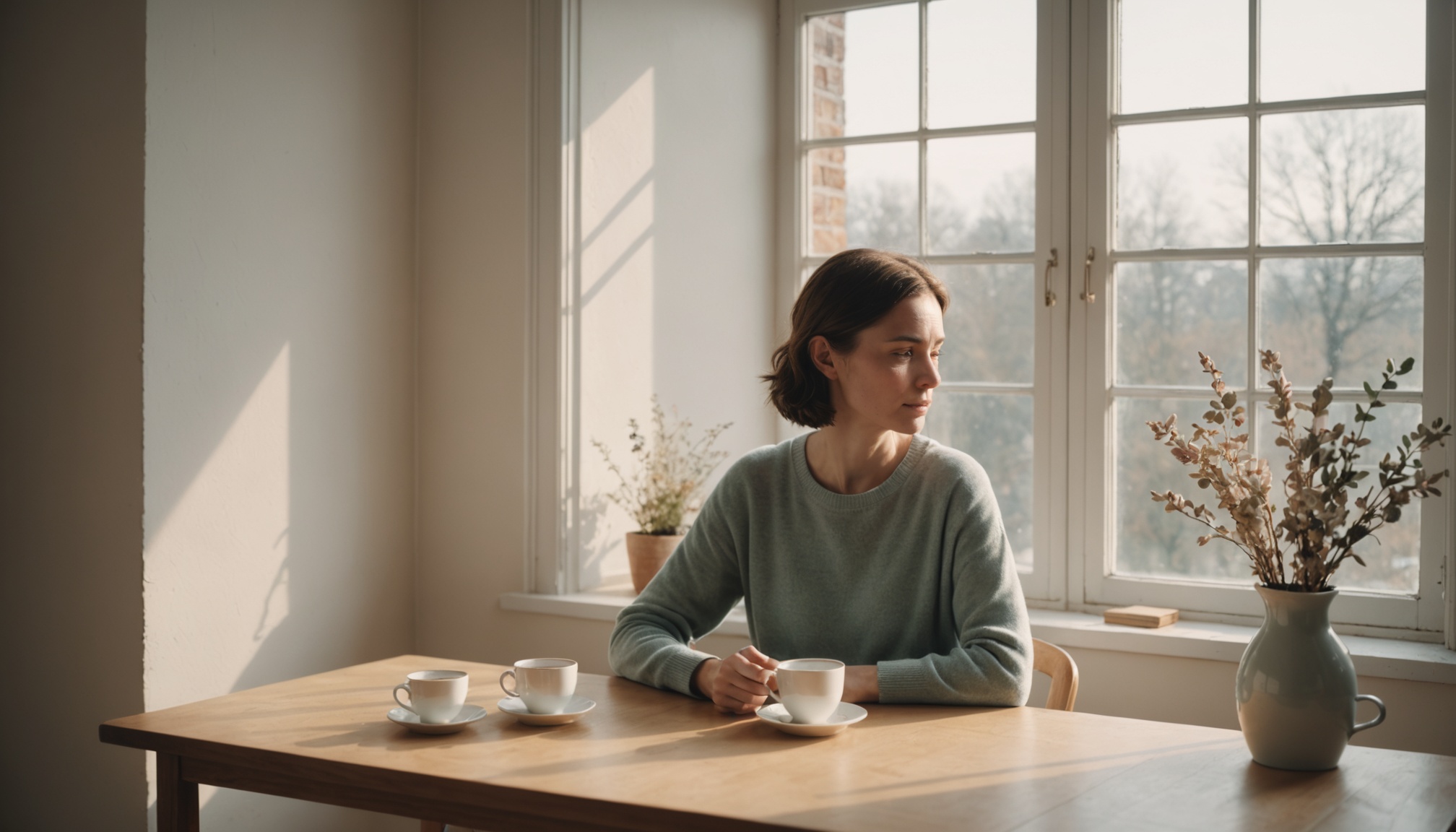 Personne assise près d'une fenêtre dans une lumière douce, symbole d'apaisement et de rétablissement