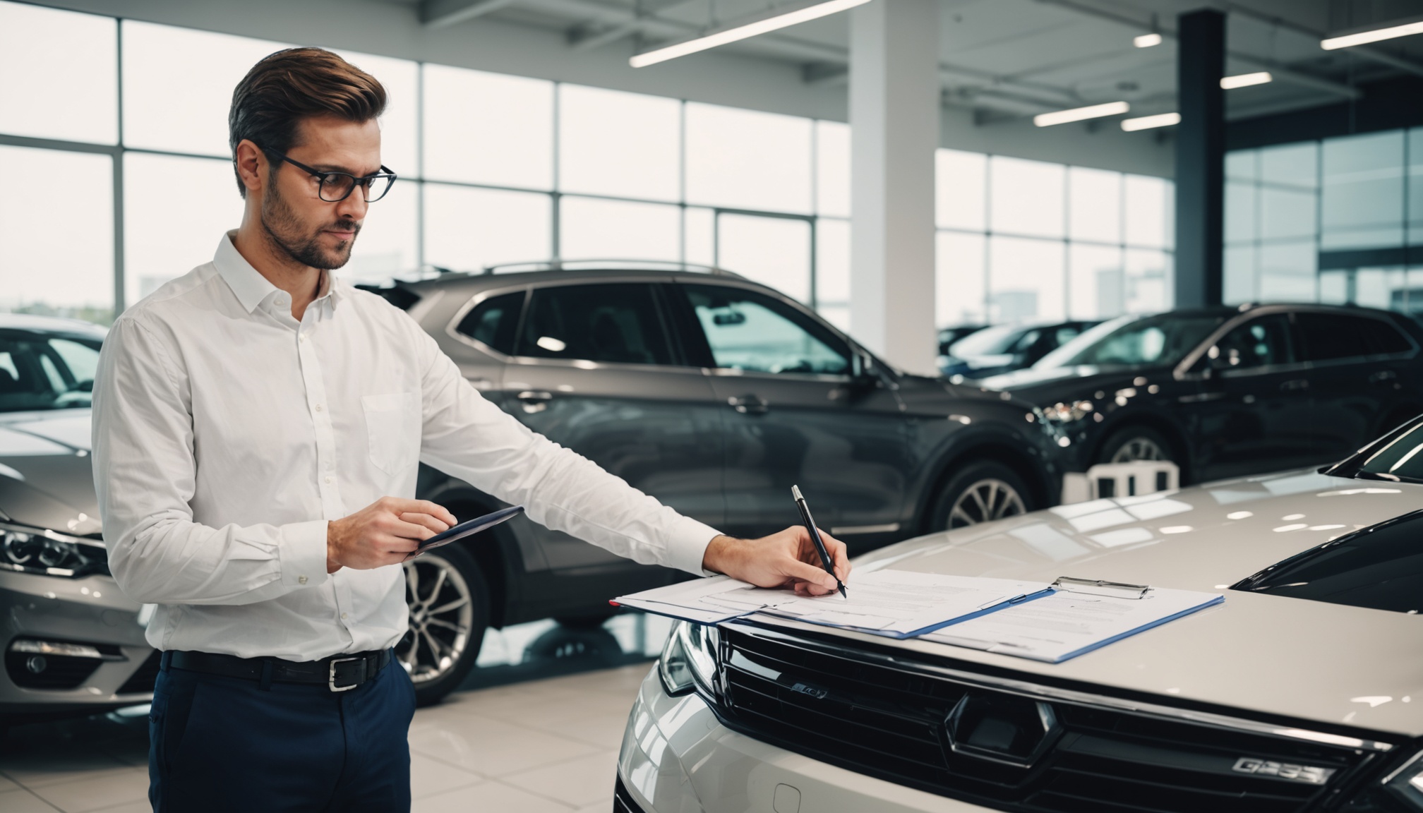 Personne consultant un contrat de leasing voiture face à un véhicule neuf en concession
