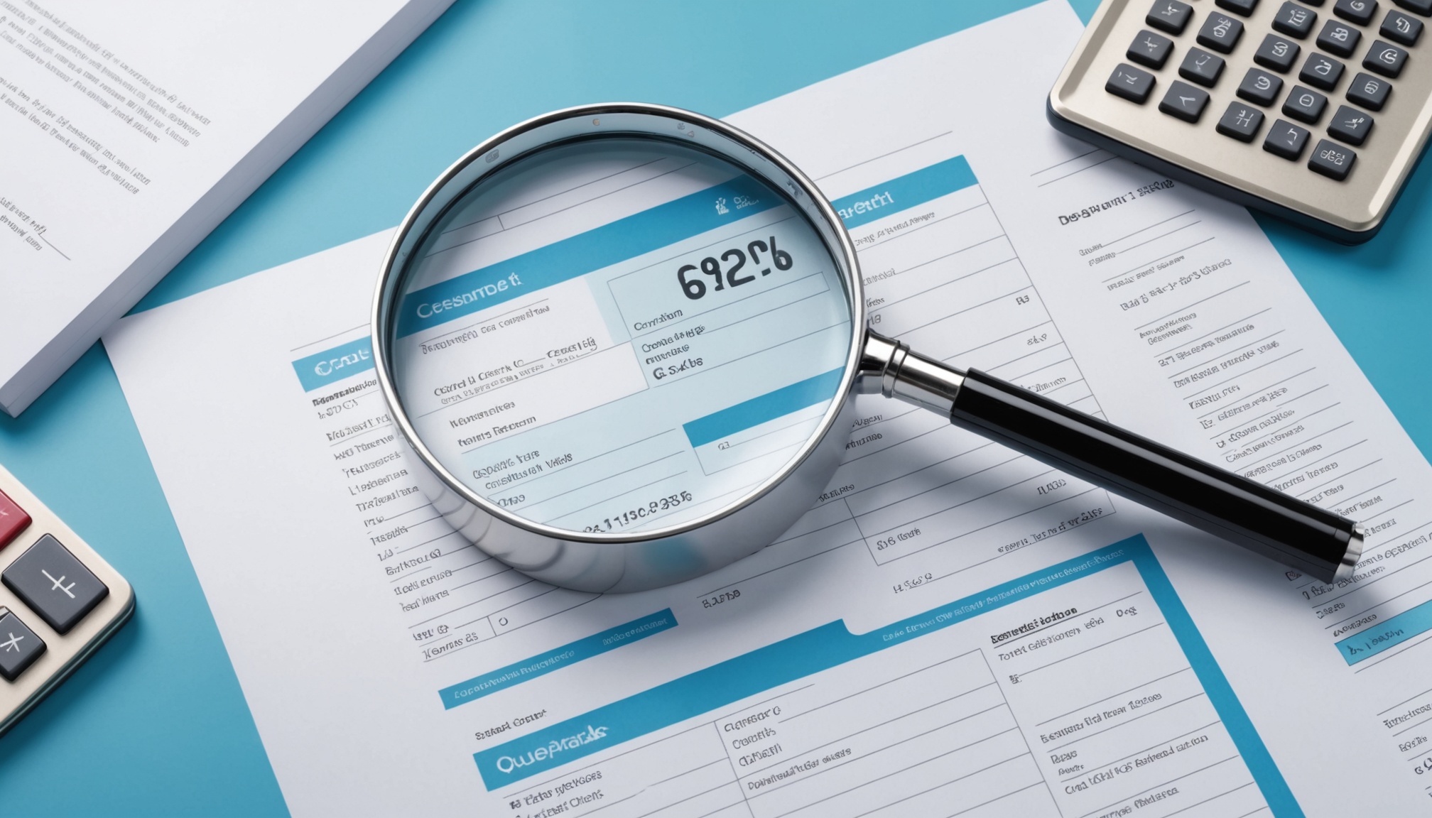 Illustration d'une loupe sur des documents de crédit et une calculatrice, symbole de comparaison d'offres de crédit à la consommation
