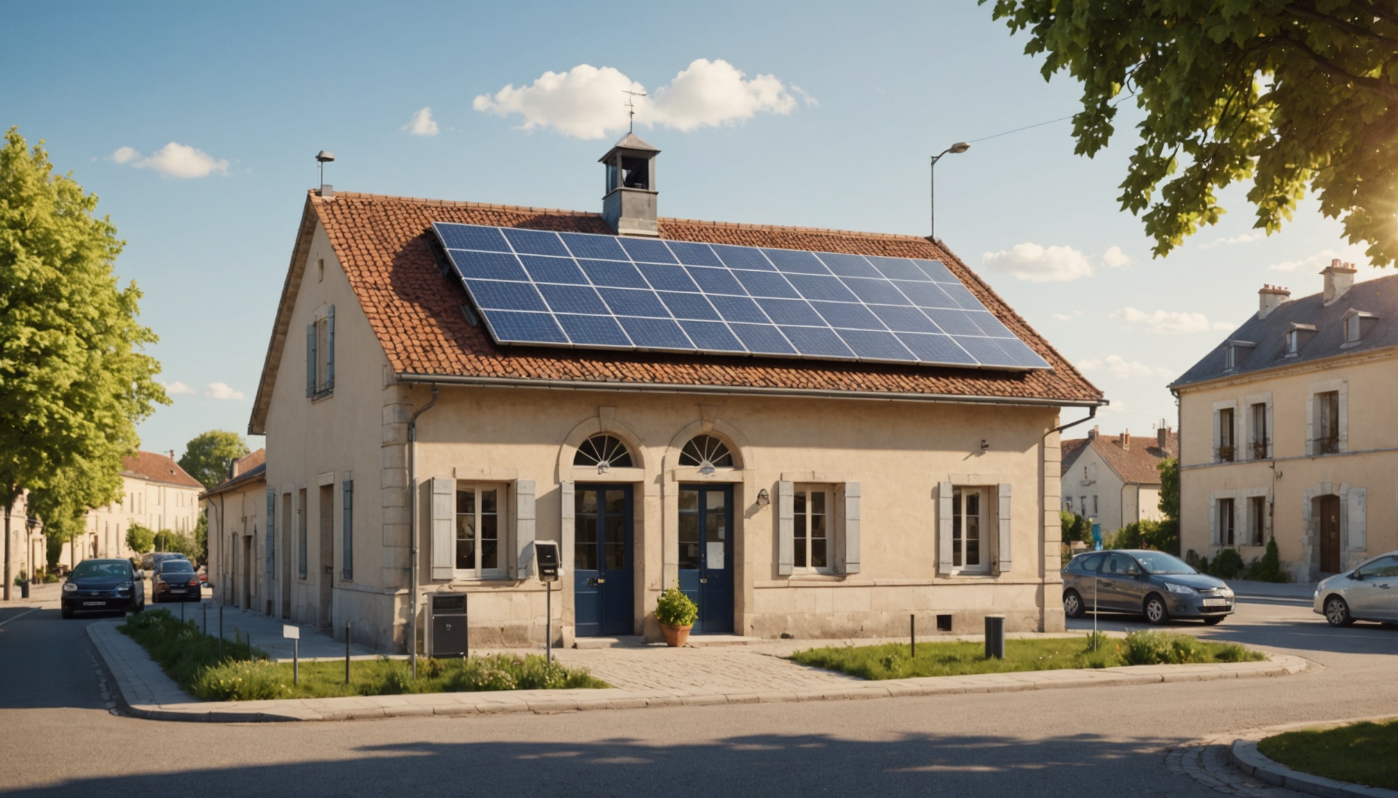 Illustration générée par IA d'une mairie française avec panneaux solaires, ne représente pas un lieu réel