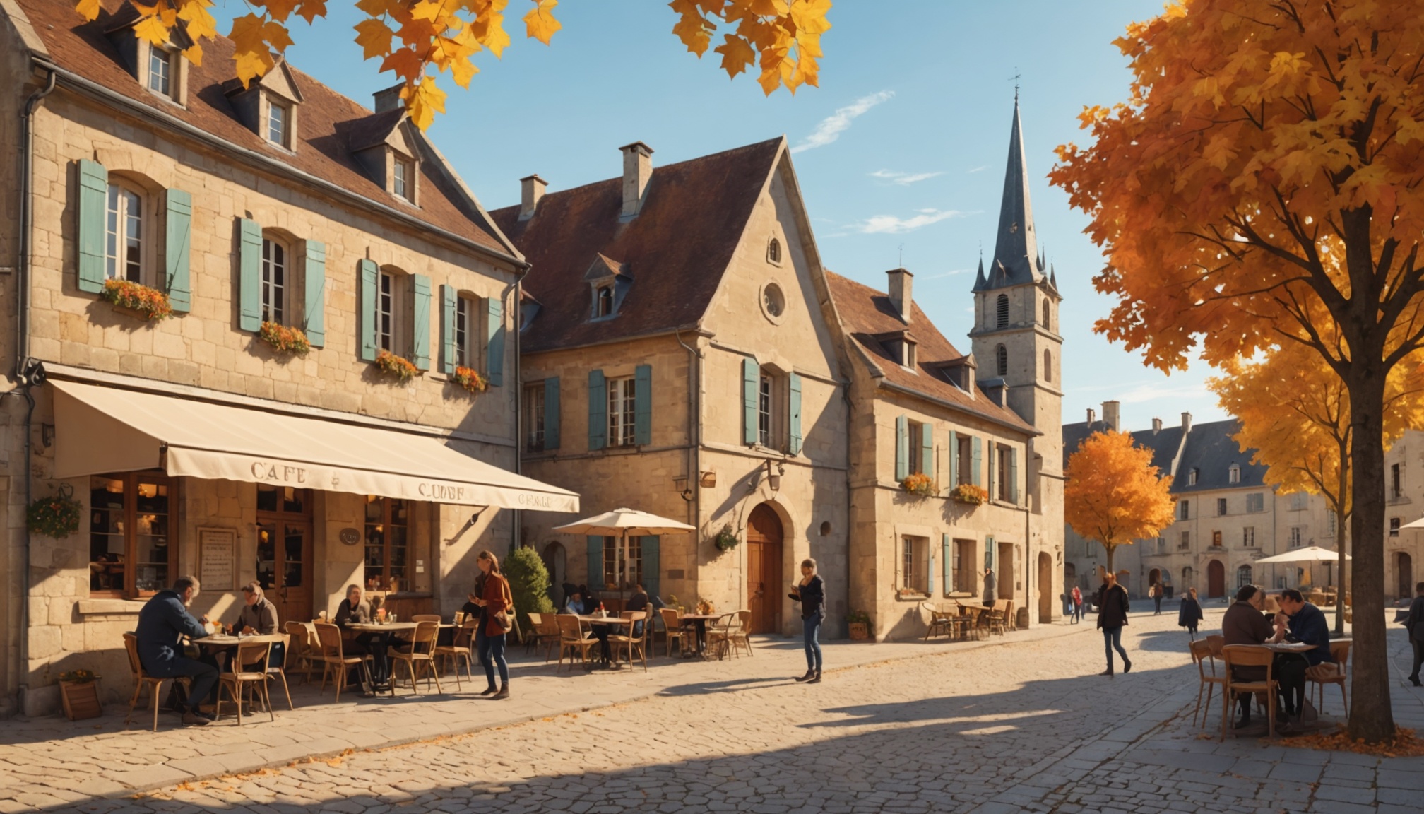 Place d'un village français avec habitant consultant son smartphone, illustration générée par IA