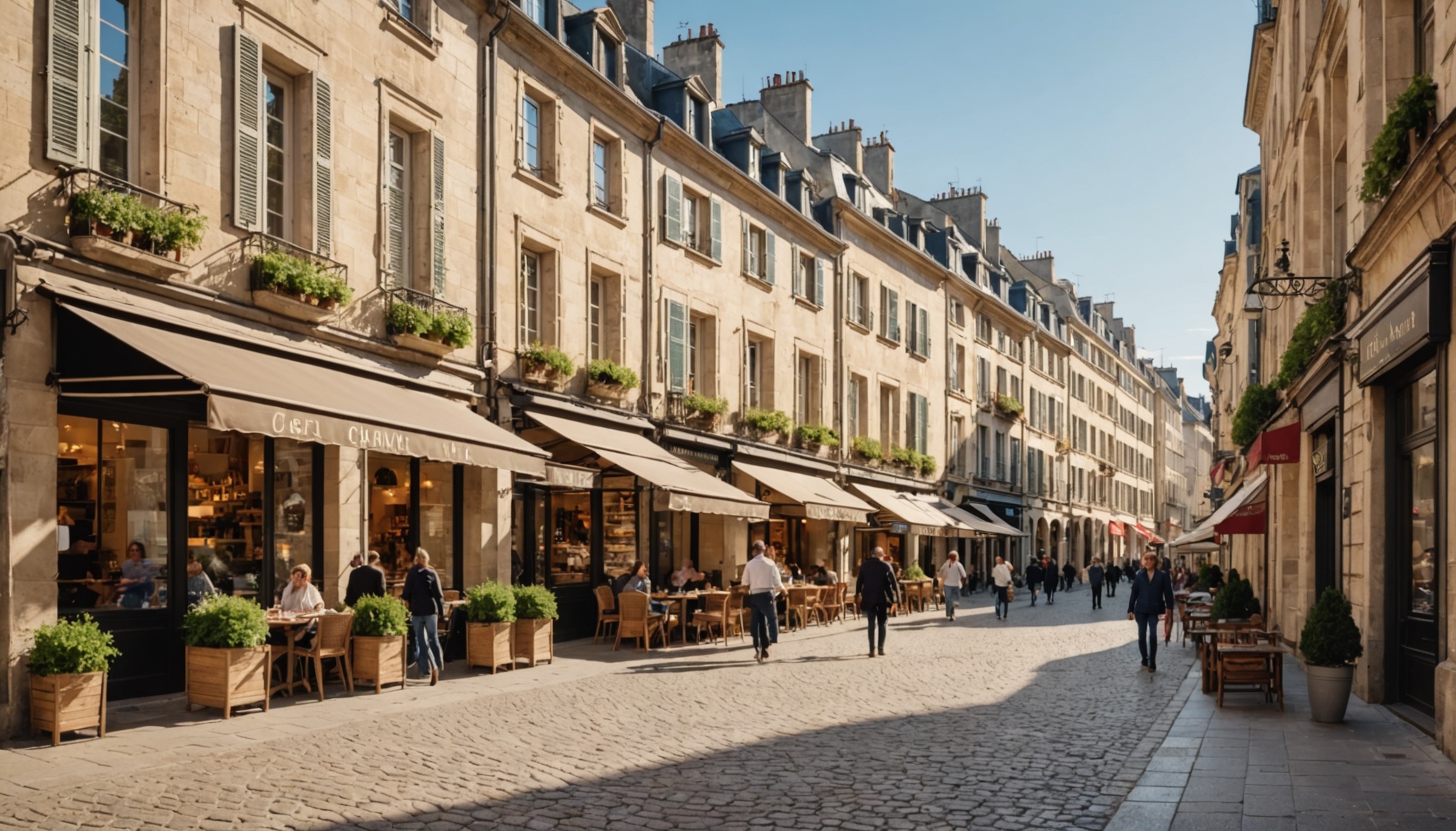 Rue commerçante animée d'un centre-ville français avec terrasses et commerces