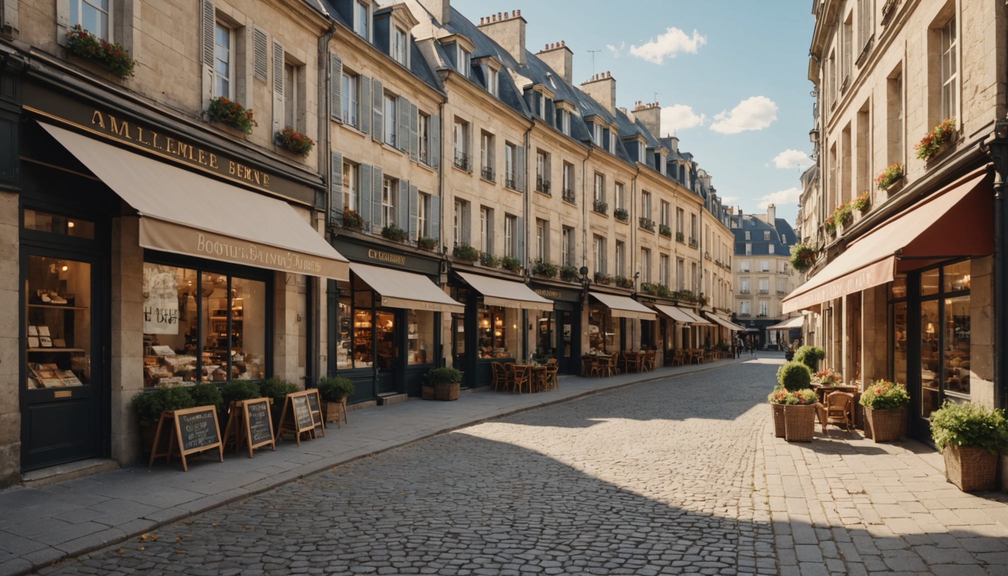 Rue commerçante d'un centre-ville français avec des boutiques indépendantes